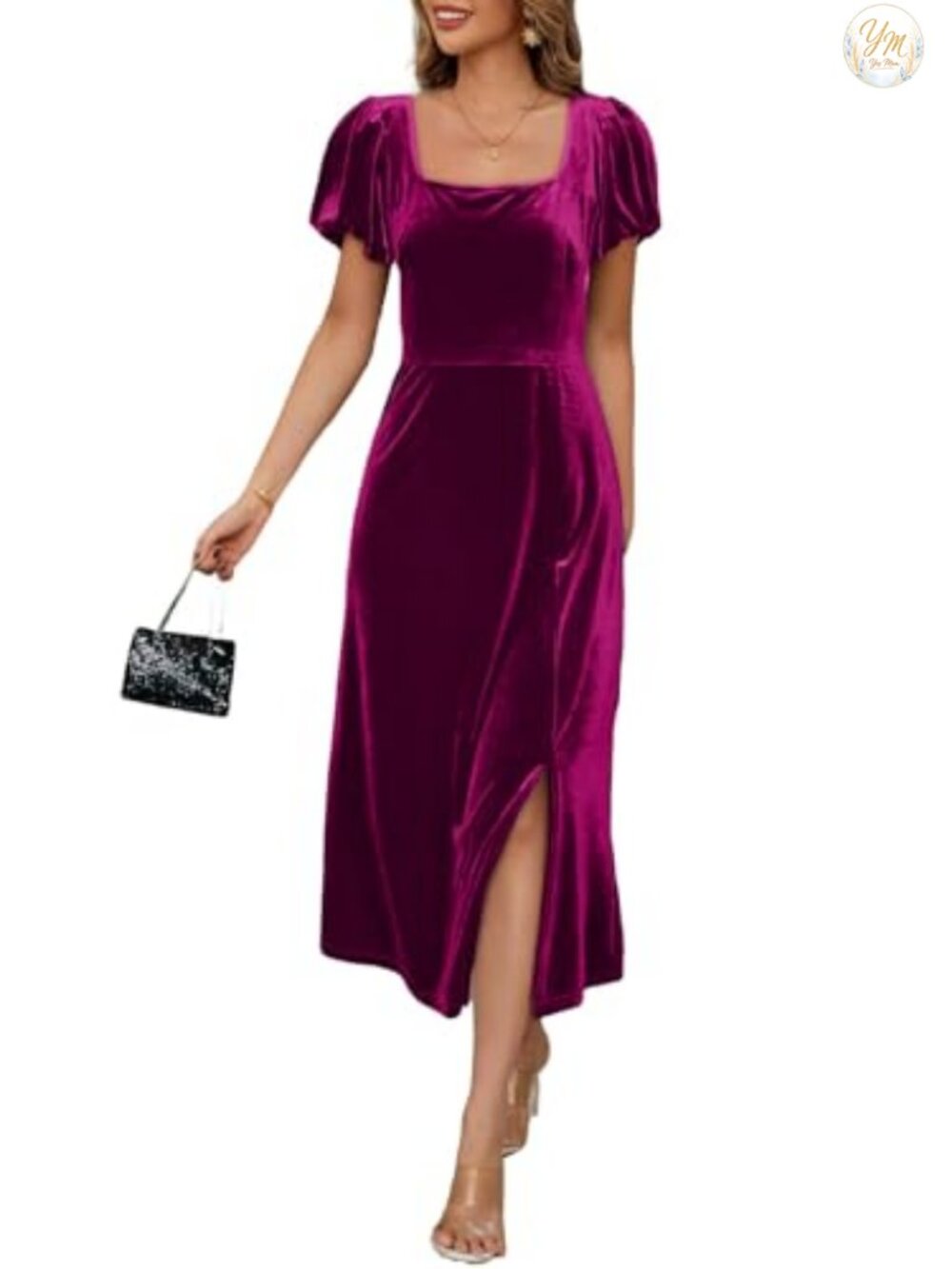 Women's Velvet Midi Dress Square Neck Short Sleeve Side Slit A-Line Party